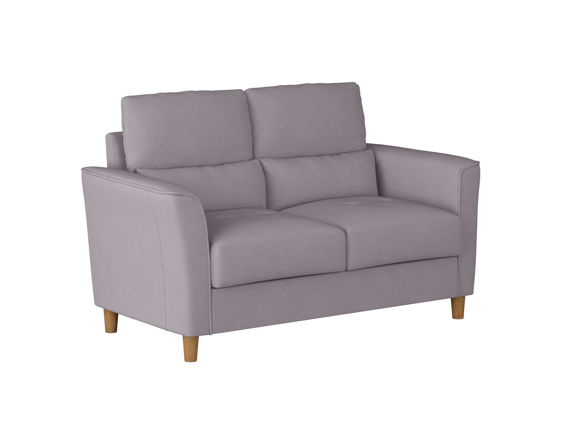 Modern gray loveseat with tufted backrest, plush cushions, and sleek wooden legs. Ideal for small living spaces, this stylish piece features durable fabric upholstery and a minimalist design perfect for contemporary decor.