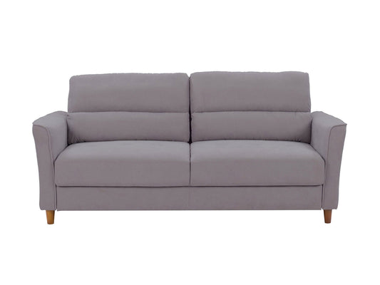 Light grey 3 seater sofa with tufted cushions, wooden legs, and modern minimalist design.