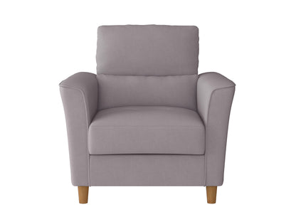 Modern 2-seater loveseat and chair set, grey fabric upholstery, wooden legs, tufted cushions, minimalist design.