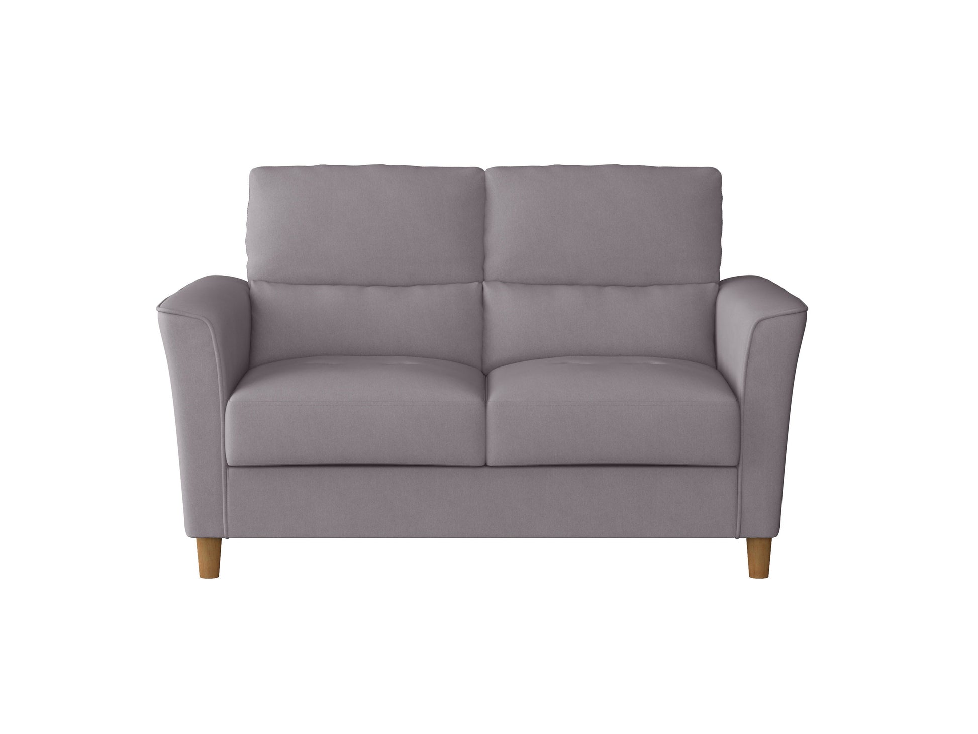 Contemporary grey 2-seater loveseat and chair set with tufted cushions and wooden legs, perfect for modern living rooms.