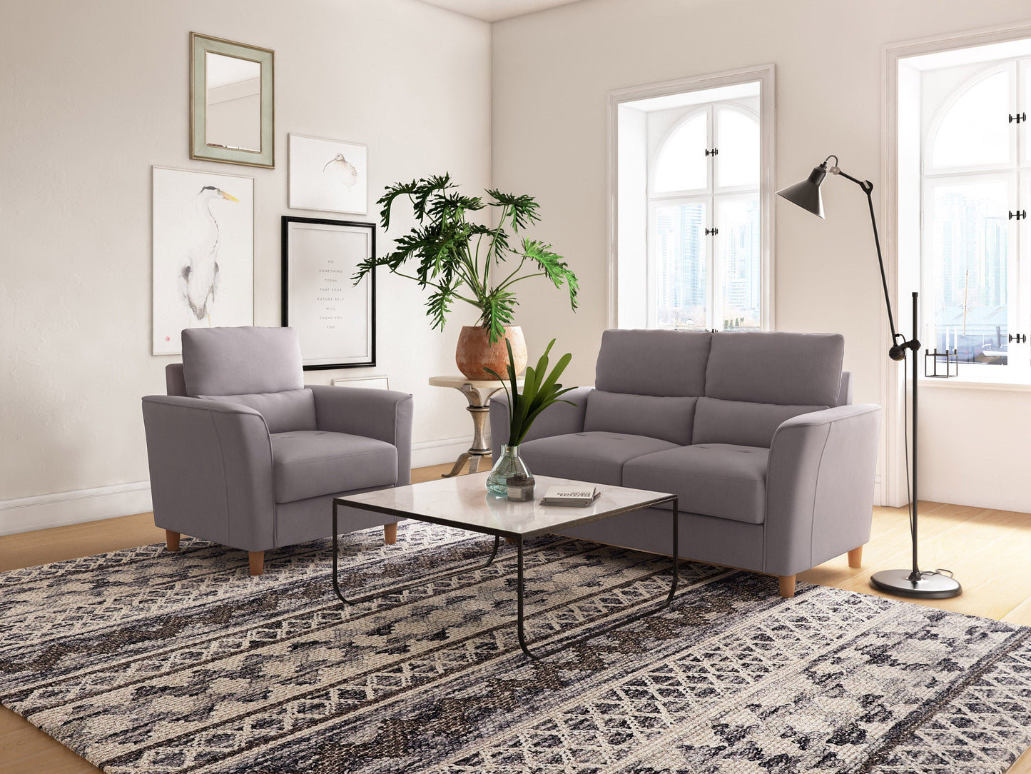 2 seater loveseat and chair set, grey fabric, wooden legs, tufted cushions, modern minimalist design.