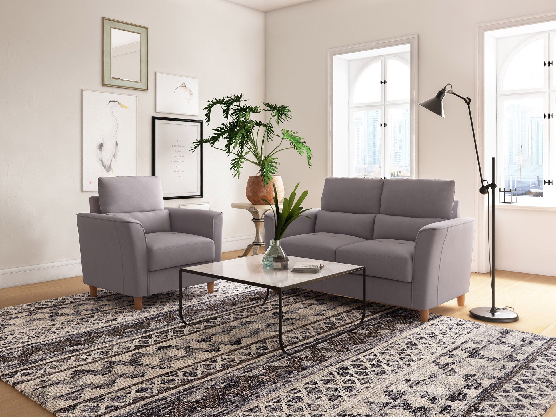 2 seater loveseat and chair set, grey fabric, wooden legs, tufted cushions, modern minimalist design.
