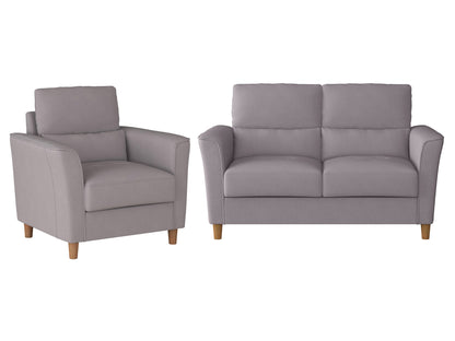Modern 2-seater loveseat and chair set, grey fabric upholstery, wooden legs, tufted cushions, minimalist design.