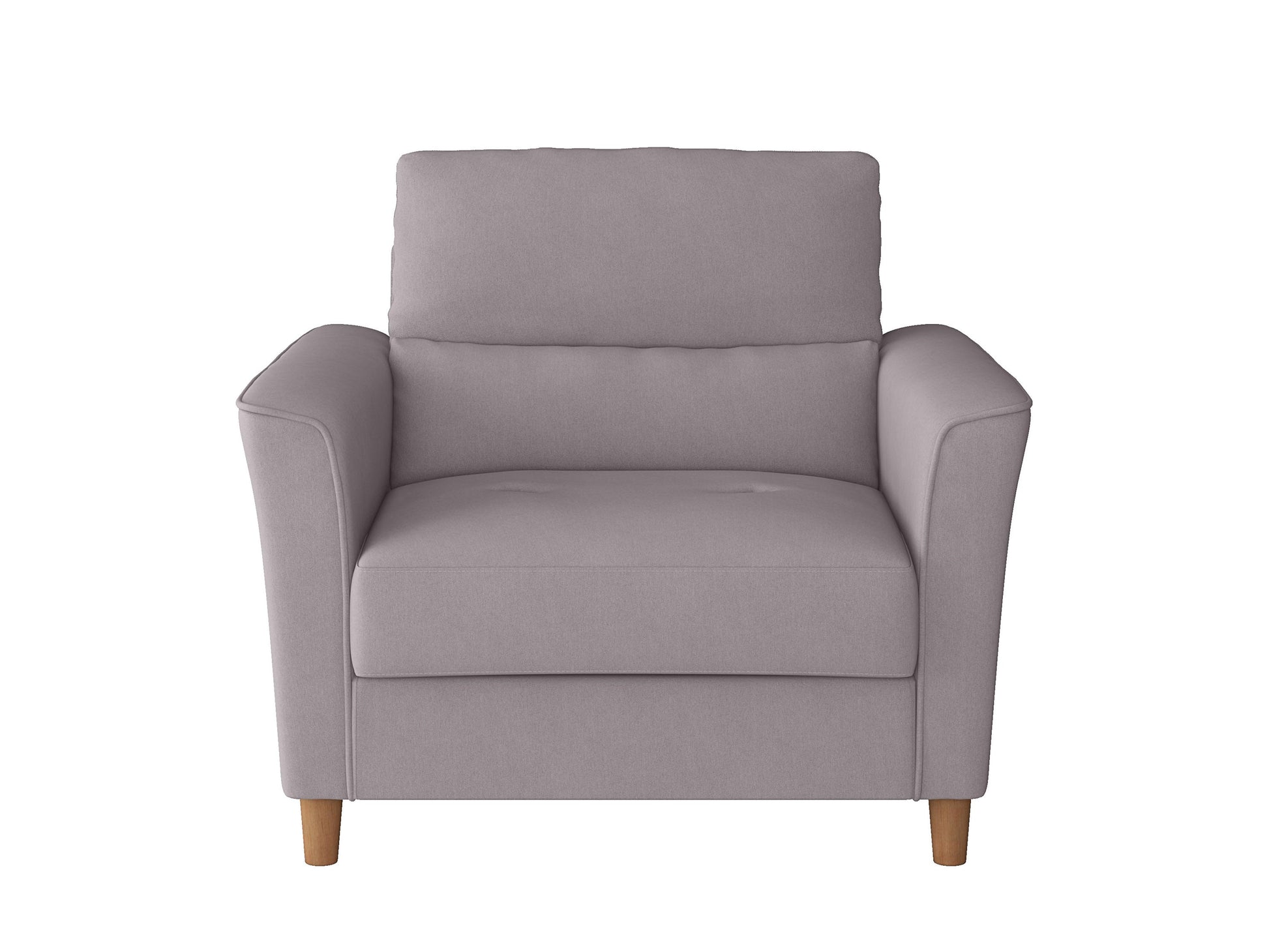 Light grey 3-seat sofa and chair set with wooden legs and tufted cushions, modern minimalist design.