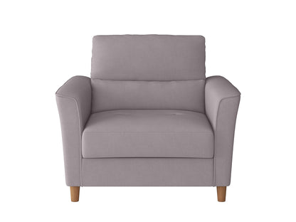 Light grey 3-seat sofa and chair set with wooden legs and tufted cushions, modern minimalist design.