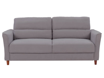 Light grey 3 seat sofa and chair set, fabric upholstery, wooden legs, tufted cushions, modern minimalist design.