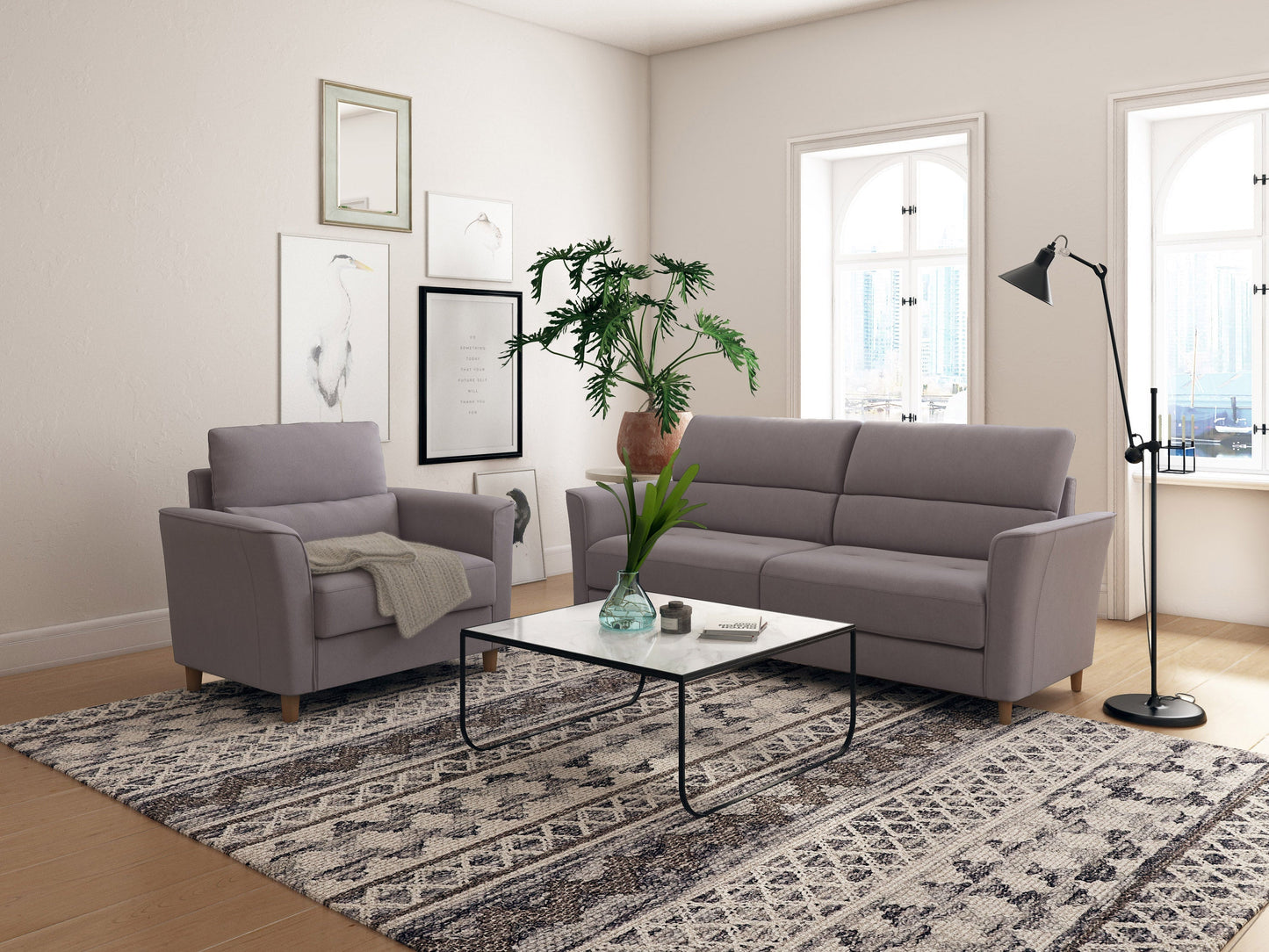 Light grey 3 seat sofa and chair set with tufted cushions, wooden legs, and minimalist design.