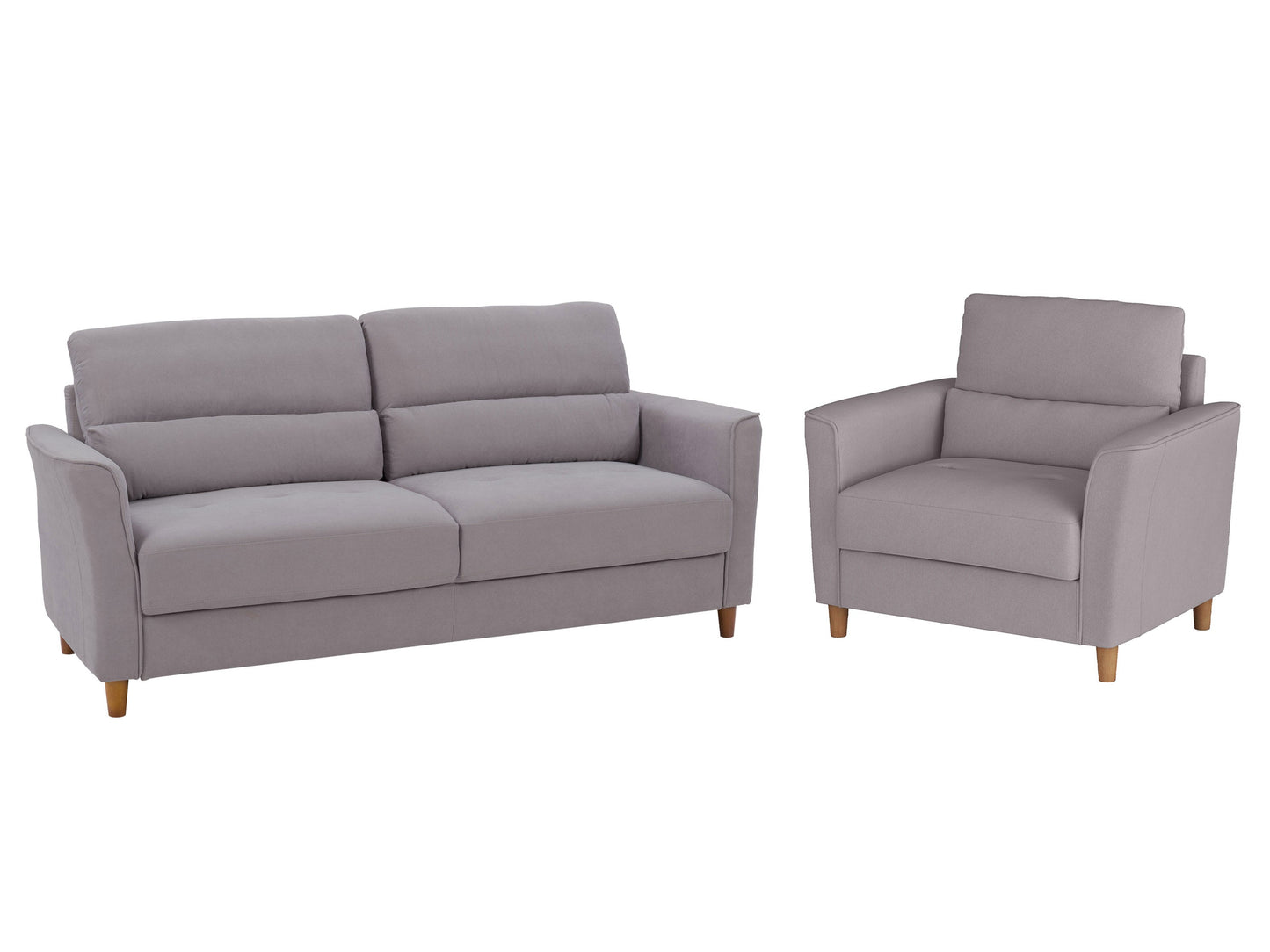 Light grey 3 seat sofa and chair set with tufted cushions and wooden legs, minimalist design.