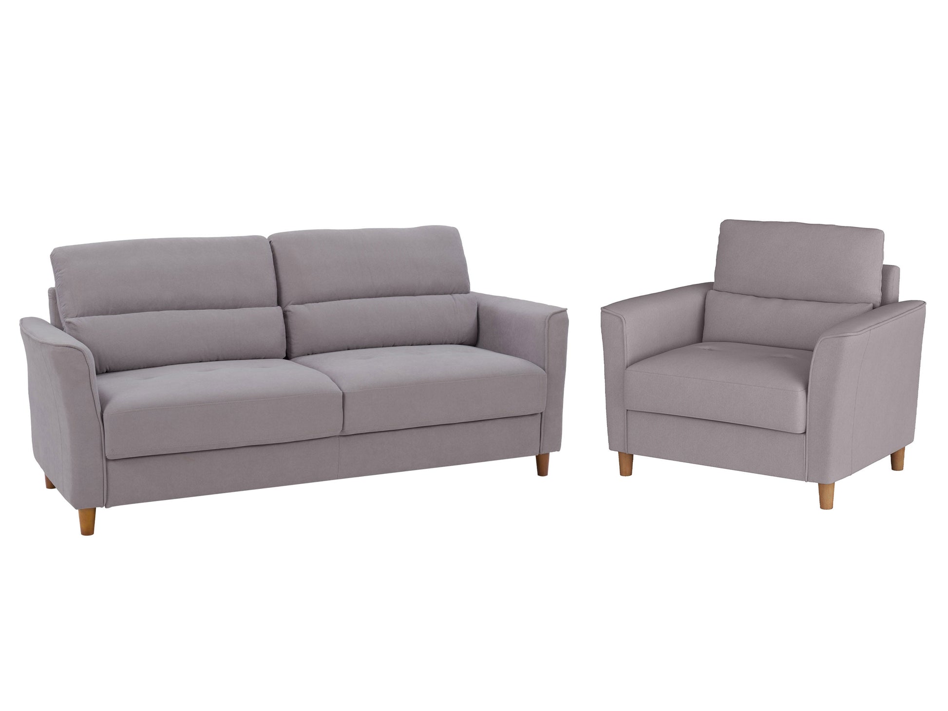 Light grey 3 seat sofa and chair set with tufted cushions and wooden legs, minimalist design.