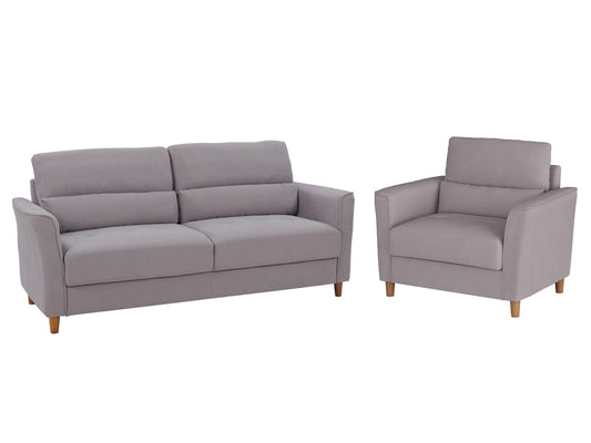 Light grey 3 seat sofa and chair set with tufted cushions and wooden legs, minimalist design.