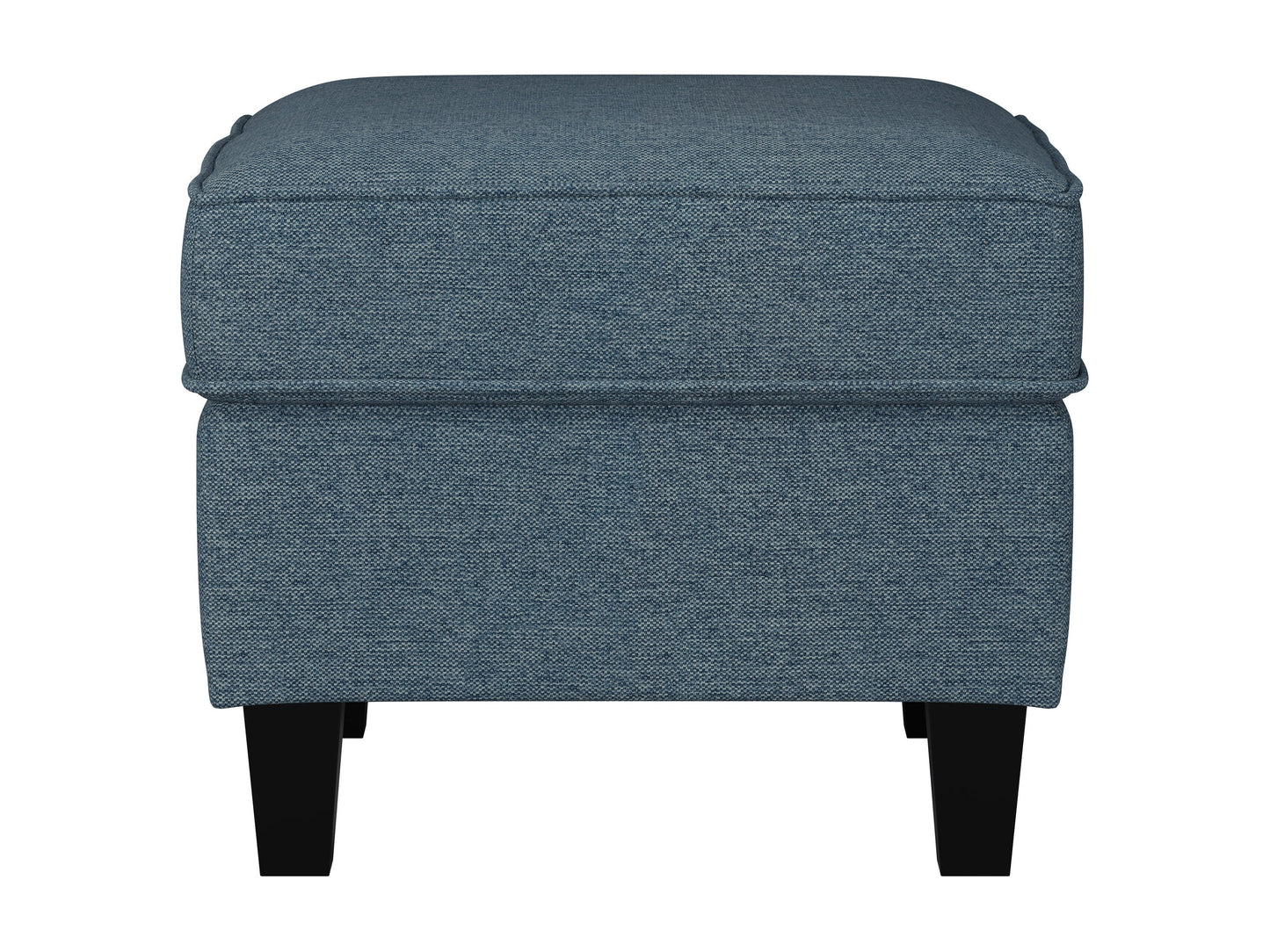 Blue fabric ottoman with wooden legs, tufted top, and modern minimalist design.