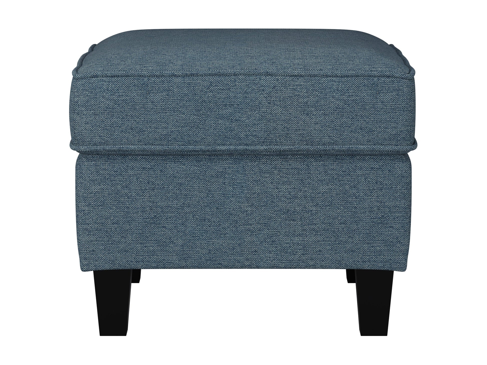 Blue fabric ottoman with wooden legs, tufted top, and modern minimalist design.