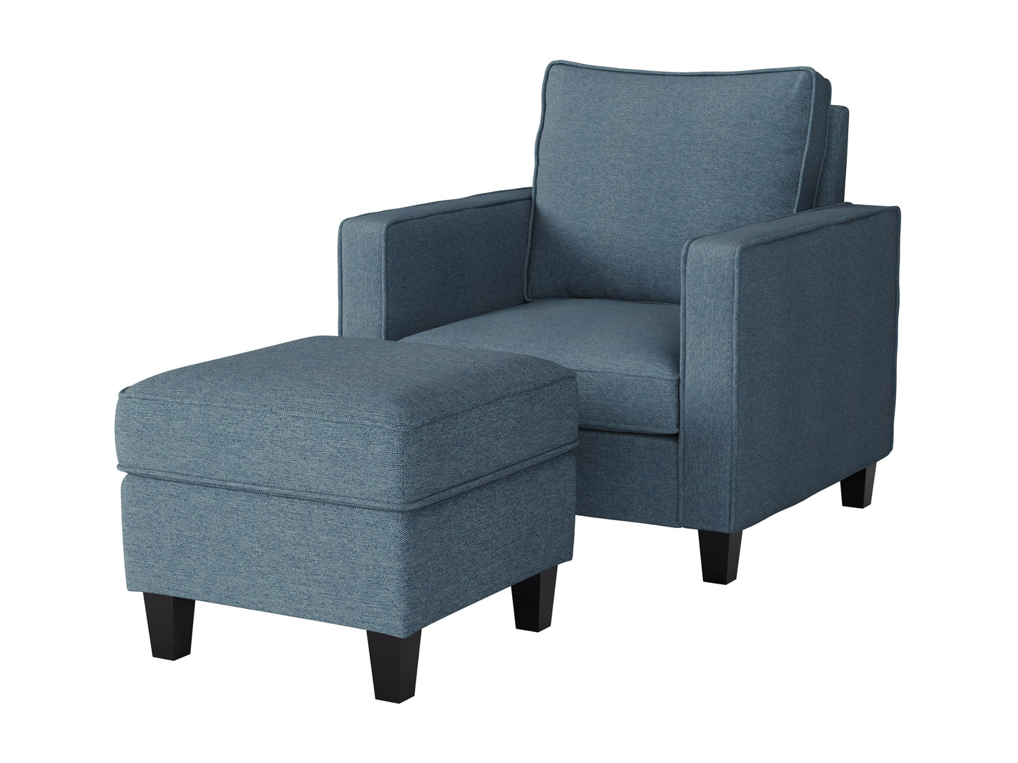 Blue fabric armchair with matching ottoman, wooden legs, and tufted cushions for a stylish living room setup.