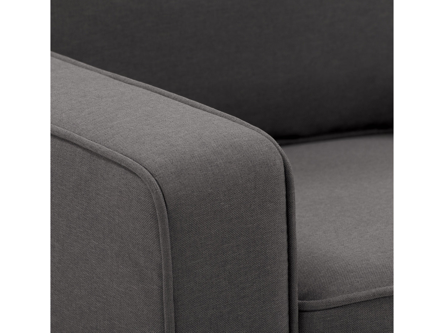Mid-century modern grey arm chair with wooden legs, tufted cushions, and sleek design.