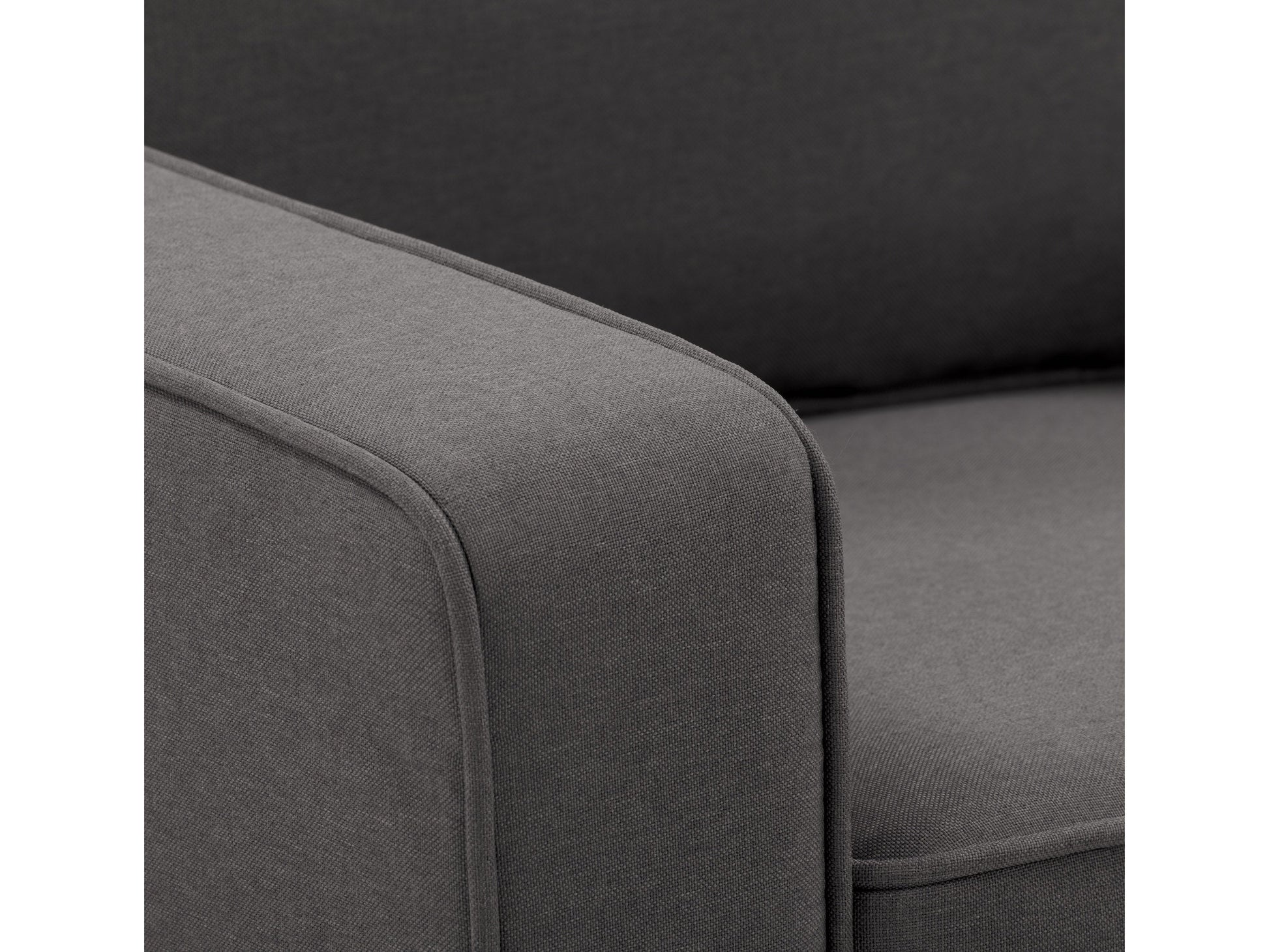 Mid-century modern grey arm chair with wooden legs, tufted cushions, and sleek design.