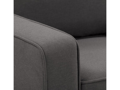 Mid-century modern grey arm chair with wooden legs, tufted cushions, and sleek design.