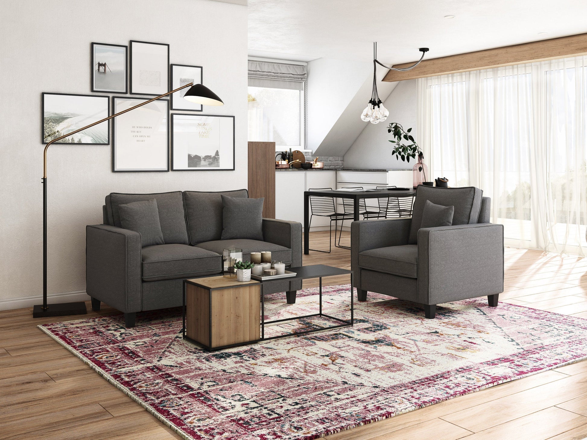 Mid-century modern grey arm chair with tufted back, wooden legs, and comfortable upholstery.