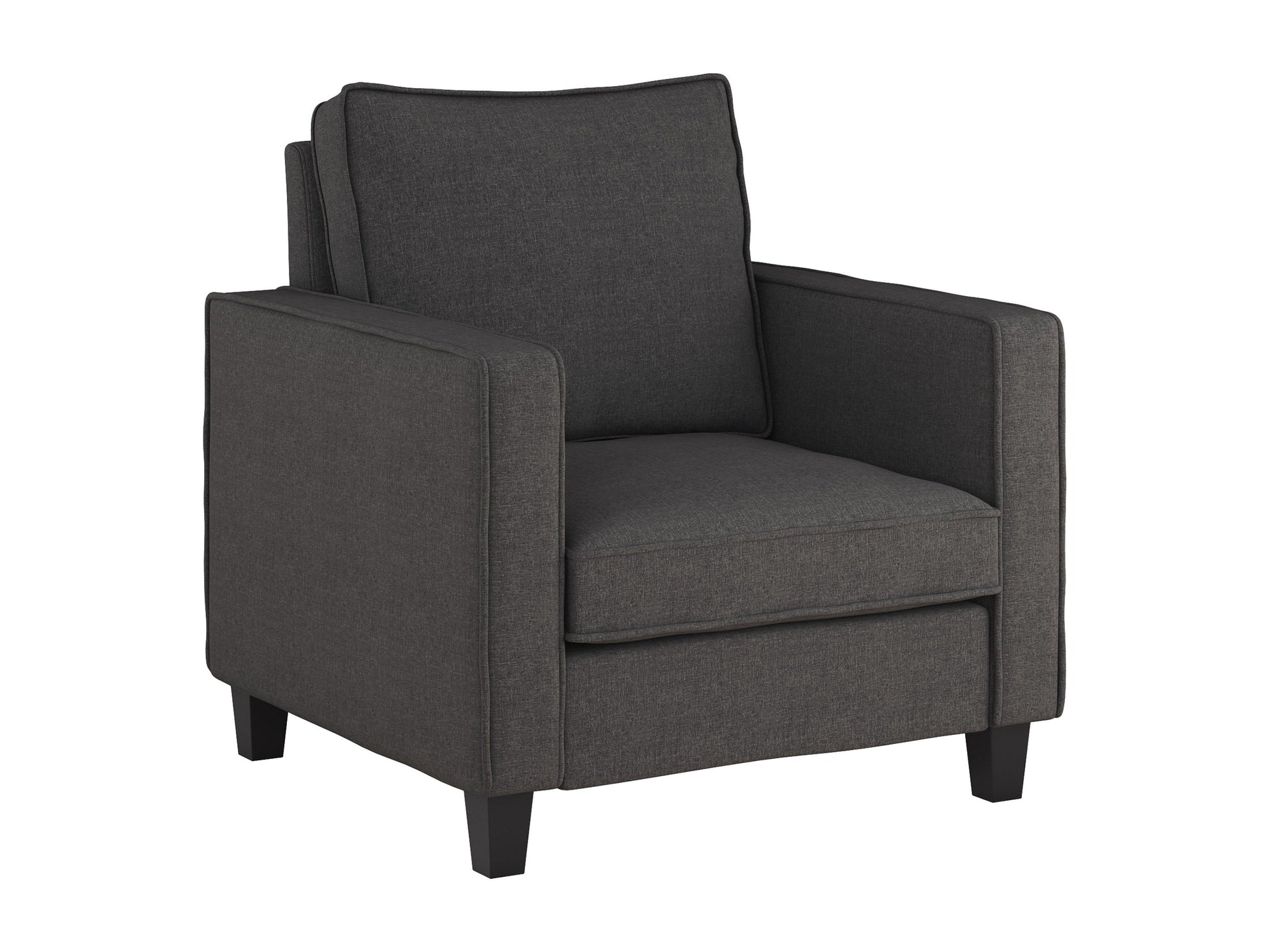 Mid-century modern grey arm chair with wooden legs, tufted fabric upholstery, and sleek design.