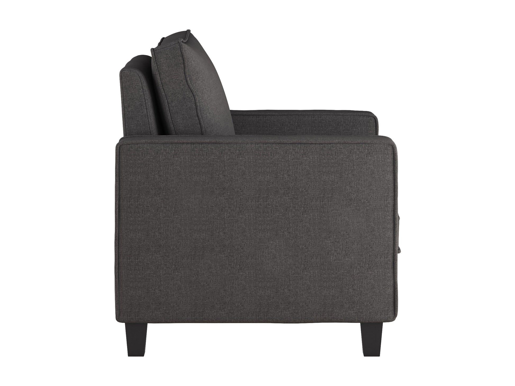 Mid-century modern grey arm chair with wooden legs, tufted cushions, and sleek design.