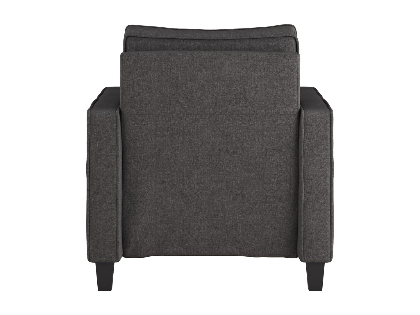Mid-century modern grey armchair with wooden legs, tufted backrest, and sleek design.