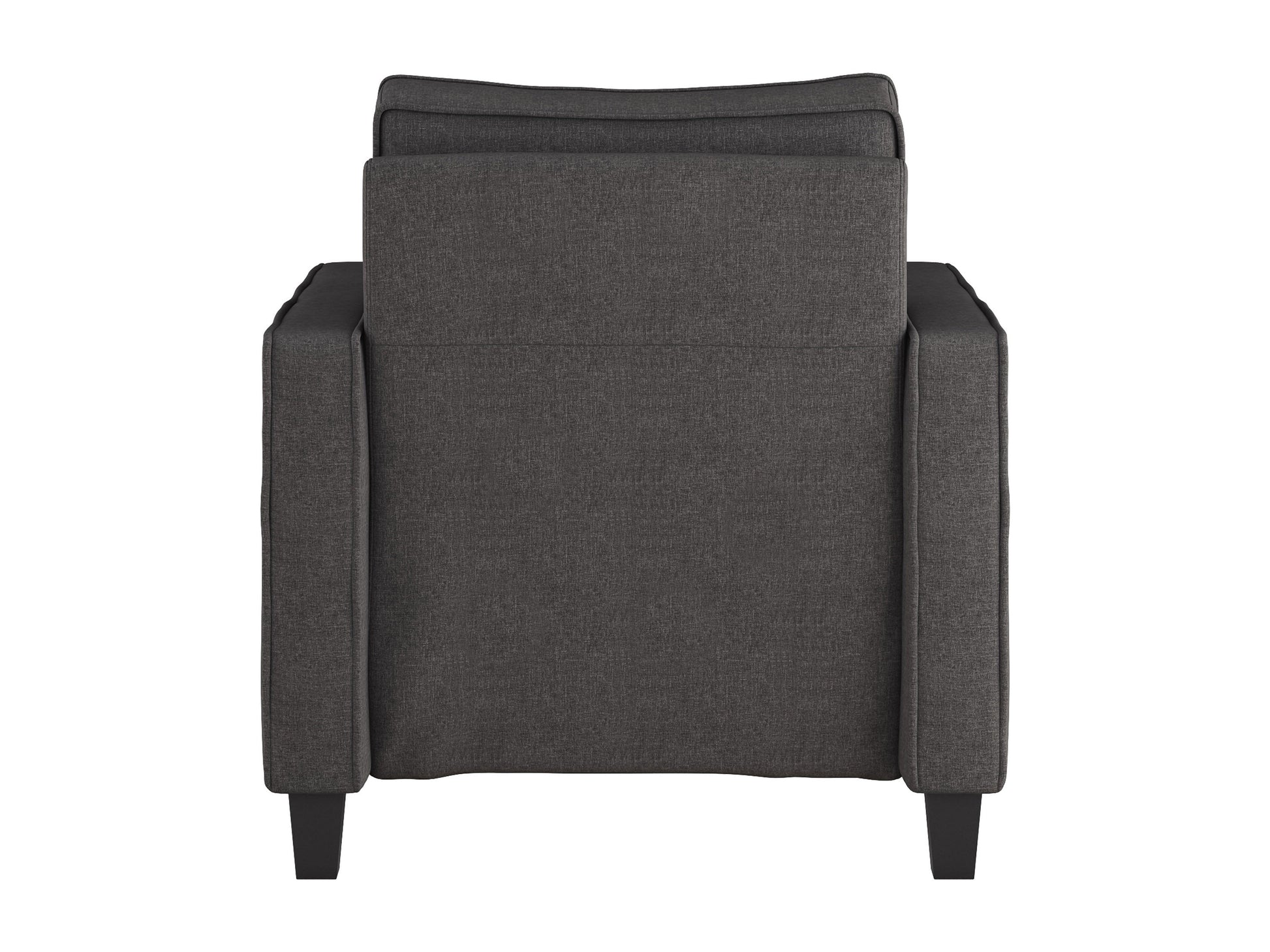 Mid-century modern grey armchair with wooden legs, tufted backrest, and sleek design.