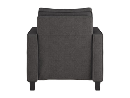 Mid-century modern grey armchair with wooden legs, tufted backrest, and sleek design.