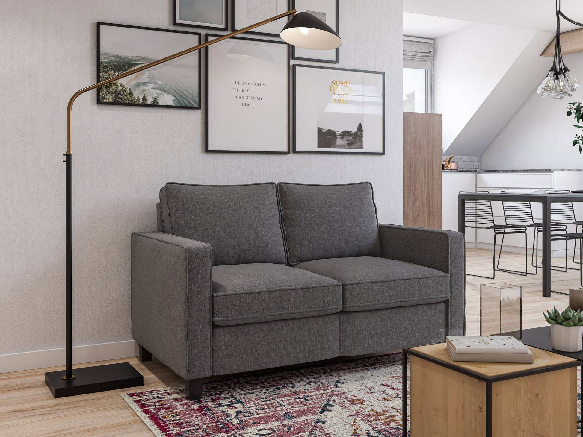 Grey 2-seater loveseat with fabric upholstery, wooden legs, and tufted cushions for a modern living room.