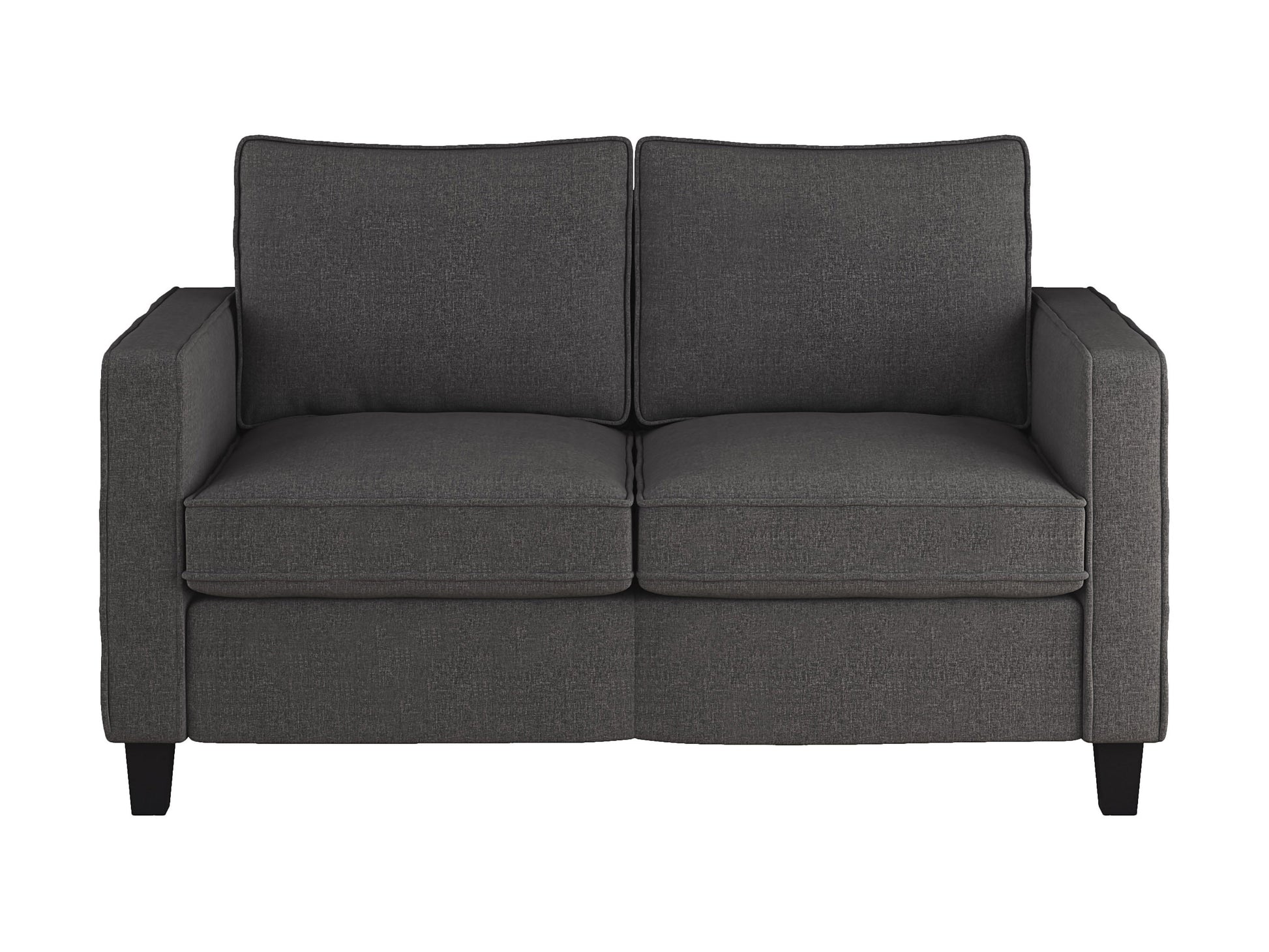 Grey 2-seater loveseat with fabric upholstery, wooden legs, and tufted cushions, perfect for modern living rooms.