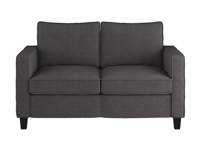 Grey 2-seater loveseat with fabric upholstery, wooden legs, and tufted cushions, perfect for modern living rooms.