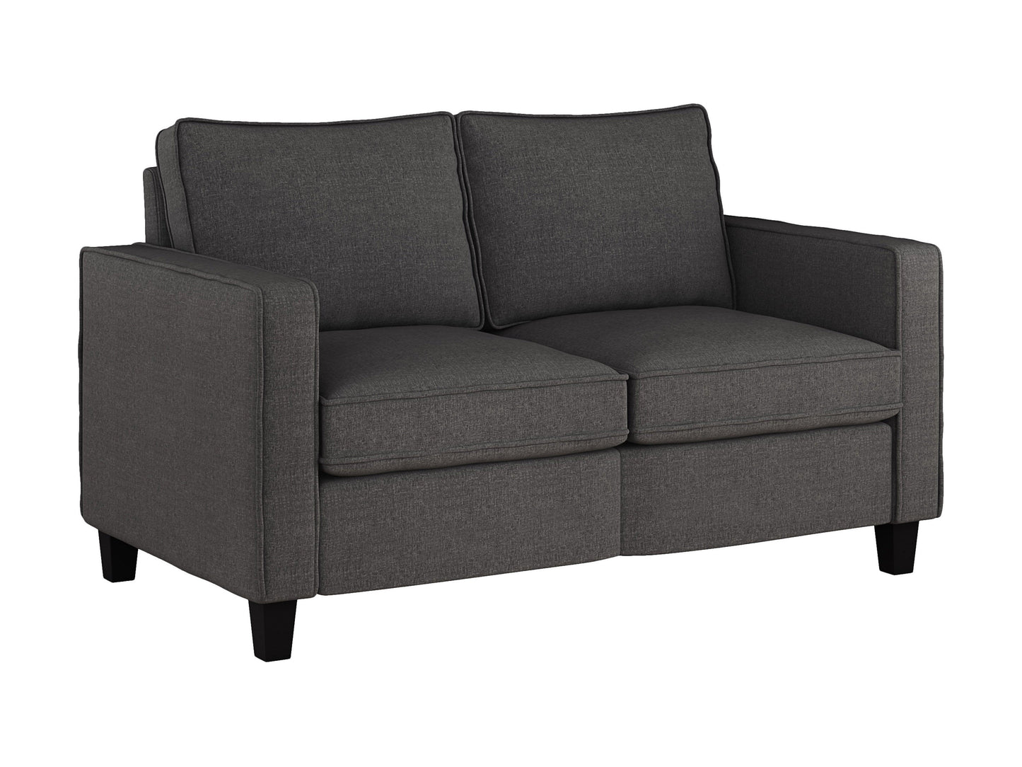 Grey 2-seater loveseat with tufted cushions, wooden legs, and a modern minimalist design.