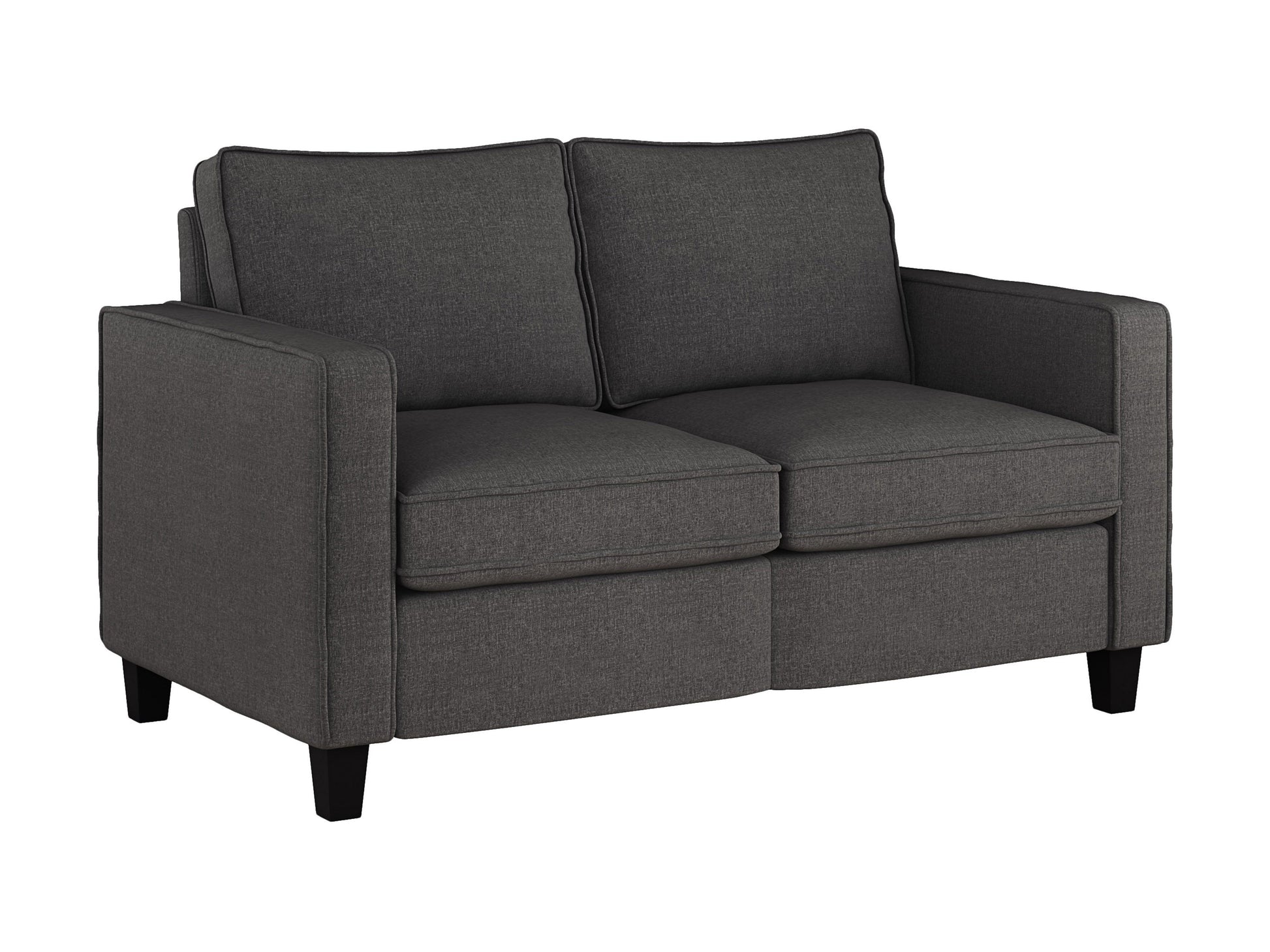 Grey 2-seater loveseat with tufted cushions, wooden legs, and a modern minimalist design.