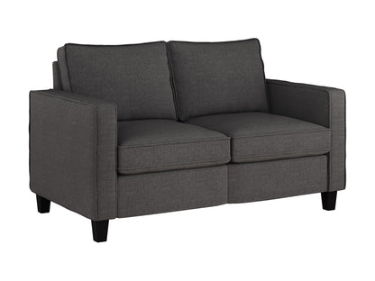 Grey 2-seater loveseat with tufted cushions, wooden legs, and a modern minimalist design.