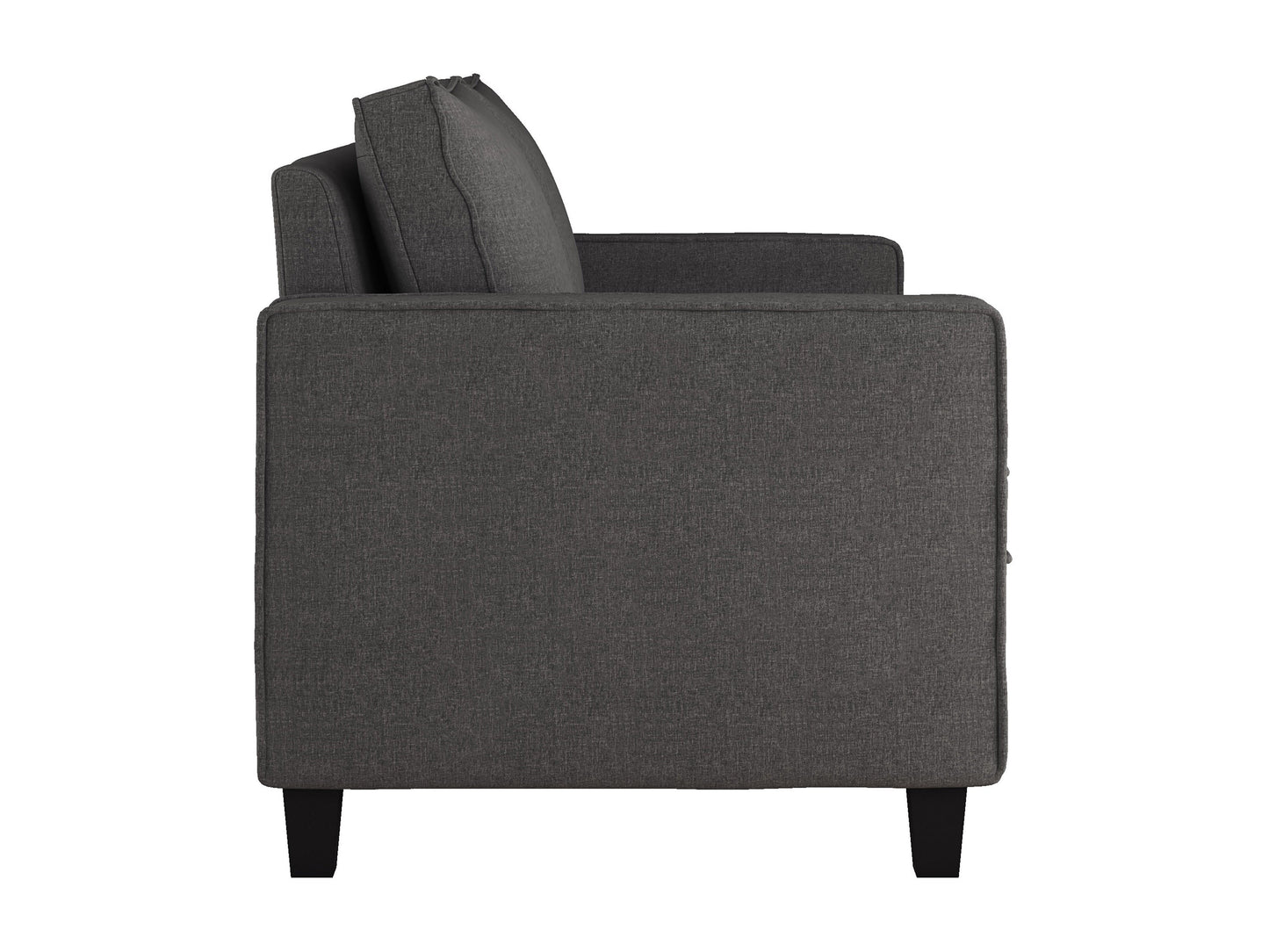 Grey 2 seater loveseat with tufted cushions, wooden legs, and modern minimalist design