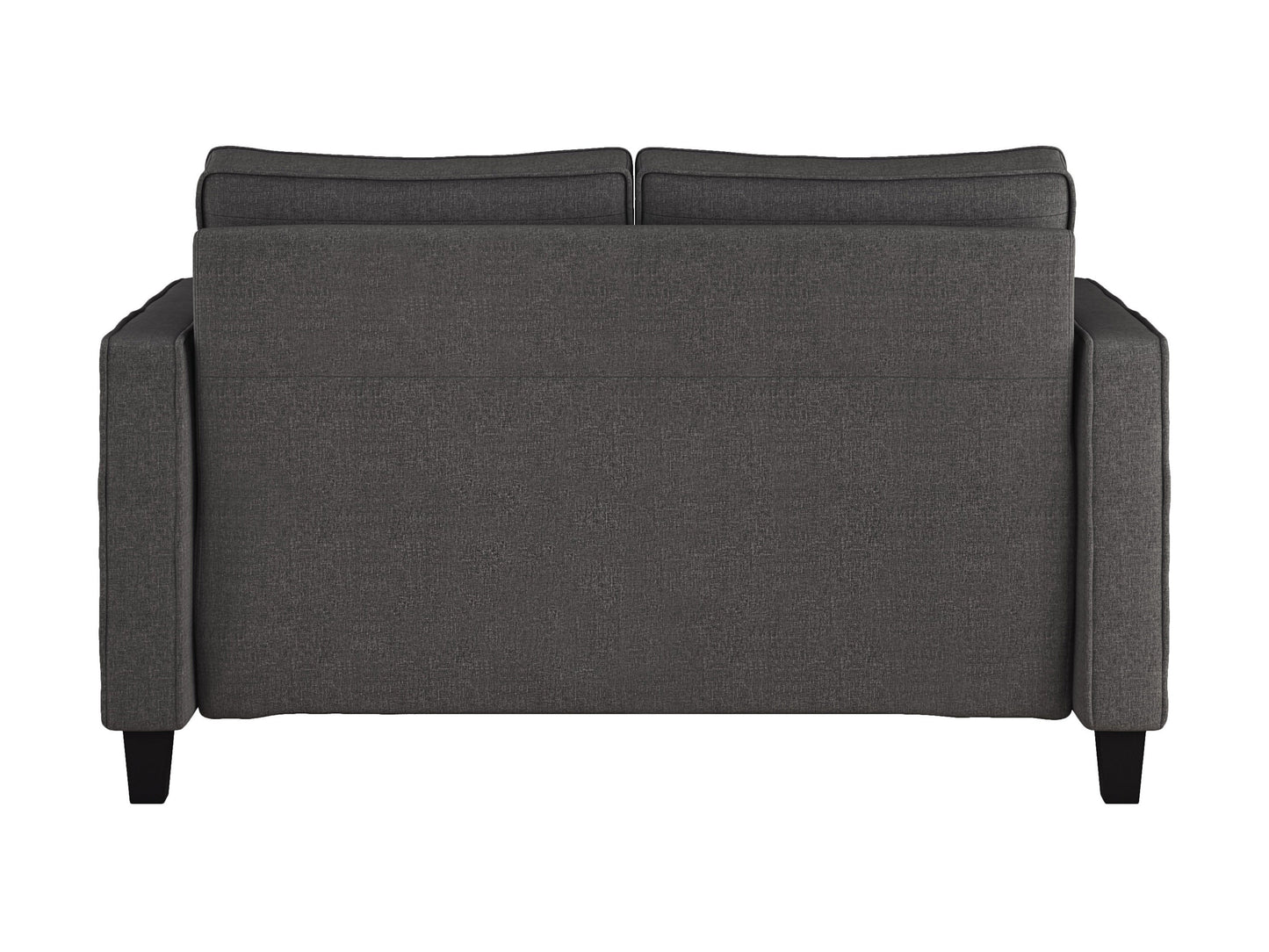 Grey 2 Seater Loveseat with Wooden Legs, Tufted Cushions, and Modern Design.