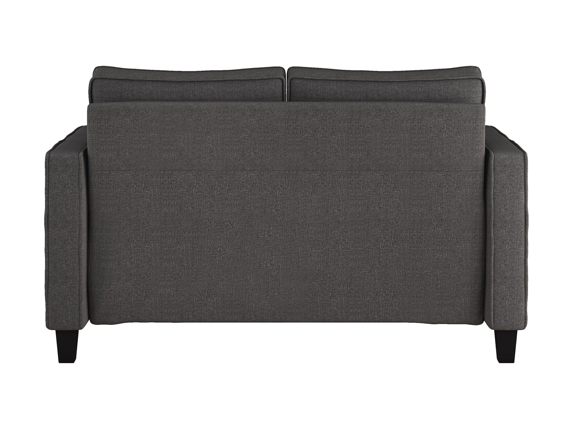 Grey 2 Seater Loveseat with Wooden Legs, Tufted Cushions, and Modern Design.