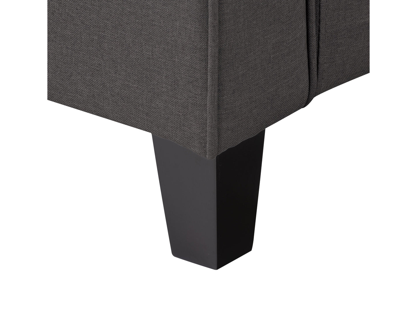 Grey 3-seater sofa with tufted cushions, wooden legs, and modern design.