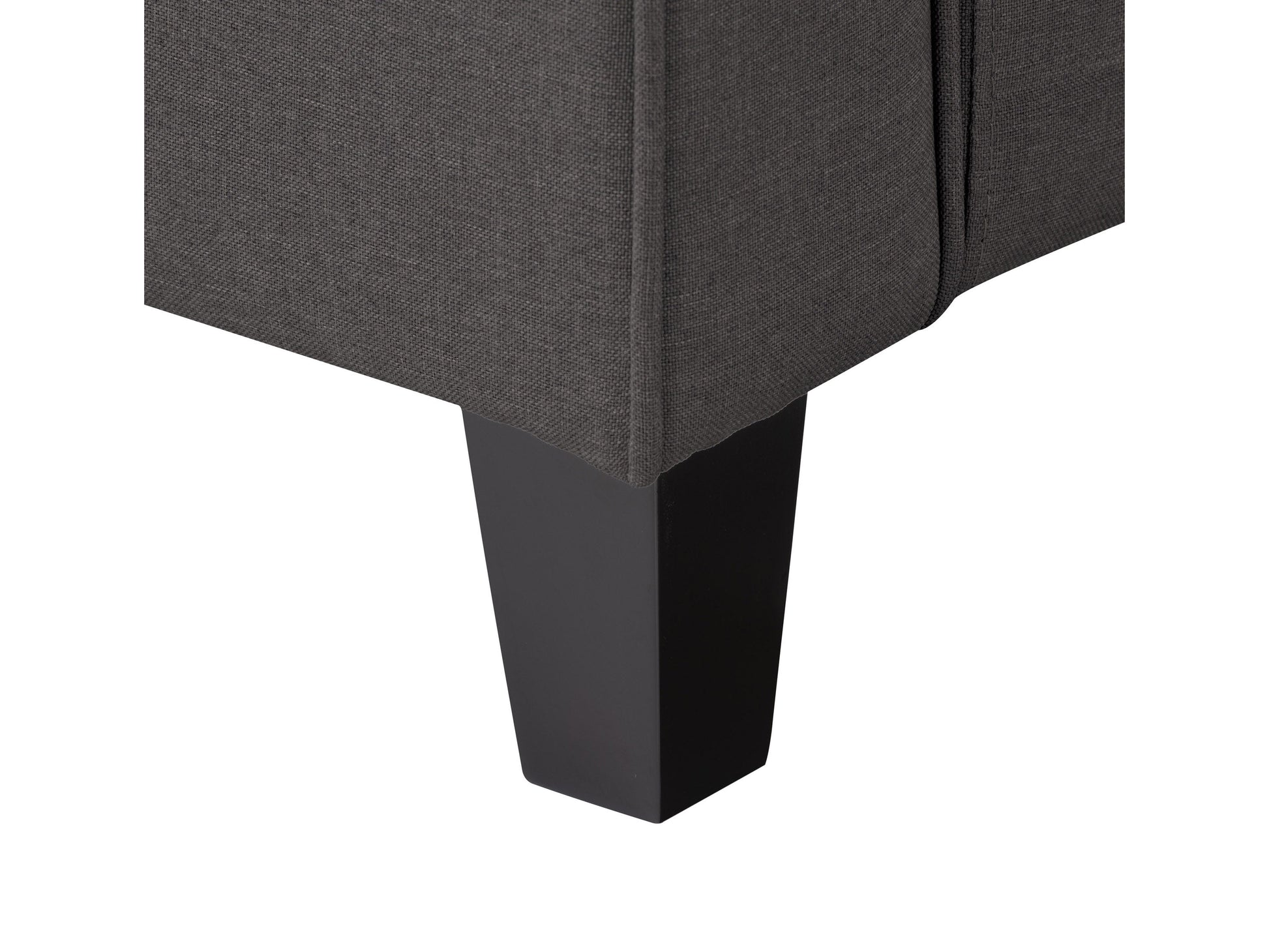 Grey 3-seater sofa with tufted cushions, wooden legs, and modern design.