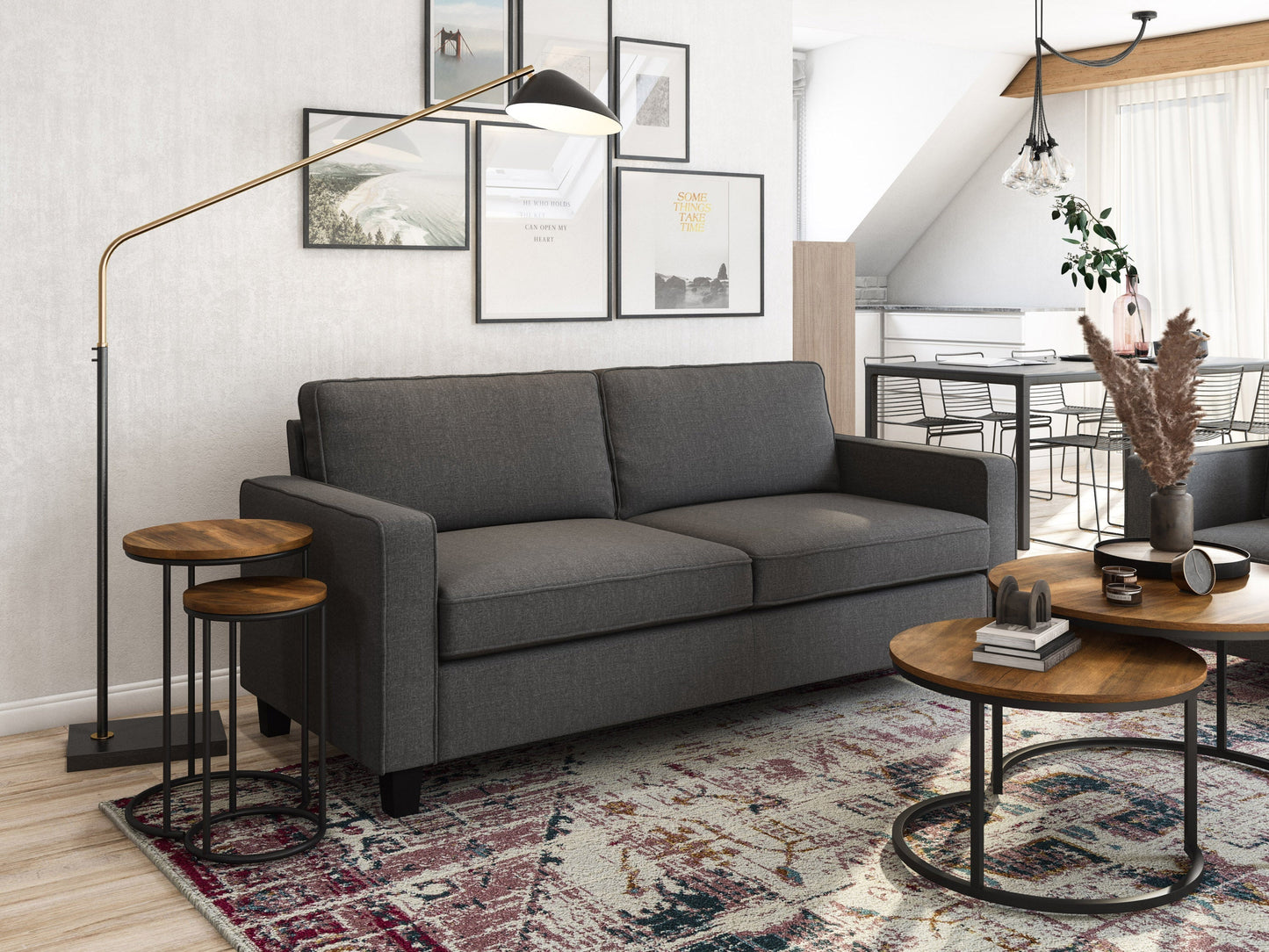 Grey 3-seater sofa with tufted cushions, wooden legs, and modern design for living room.