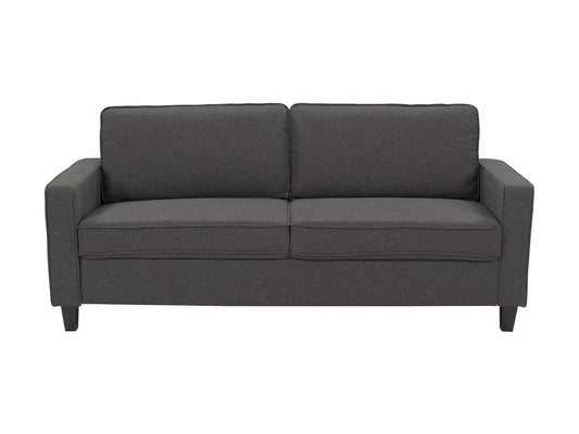 Grey 3-seater fabric sofa with wooden legs, tufted cushions, and modern design.
