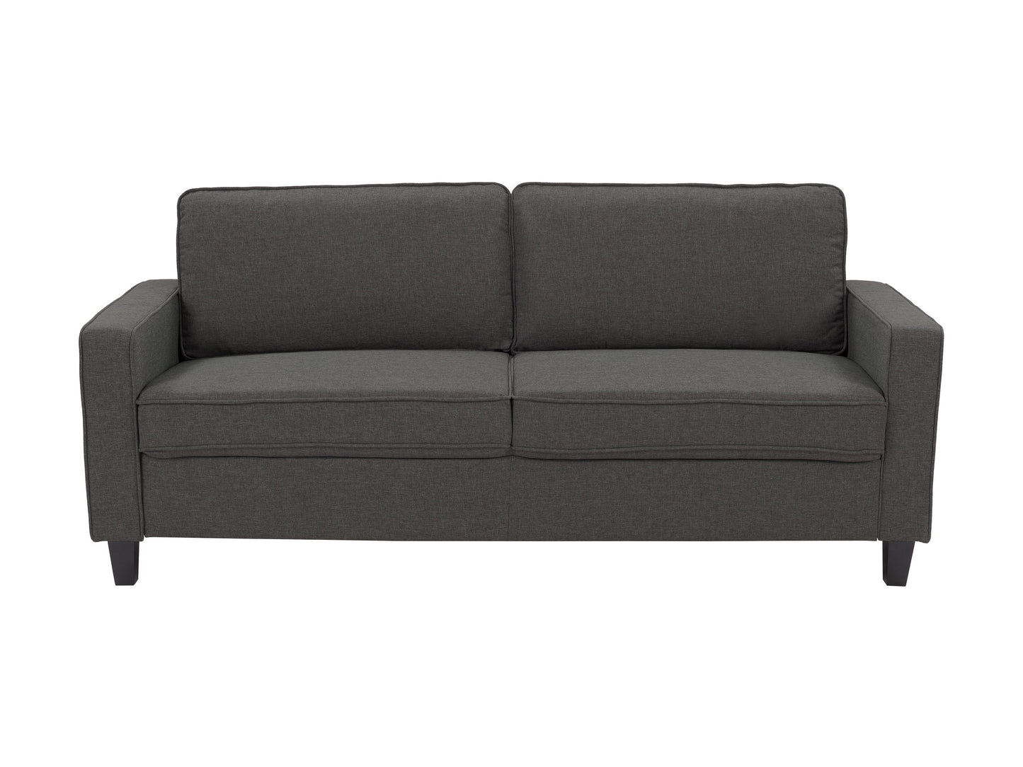 Grey 3-seater fabric sofa with wooden legs, tufted cushions, and modern design.