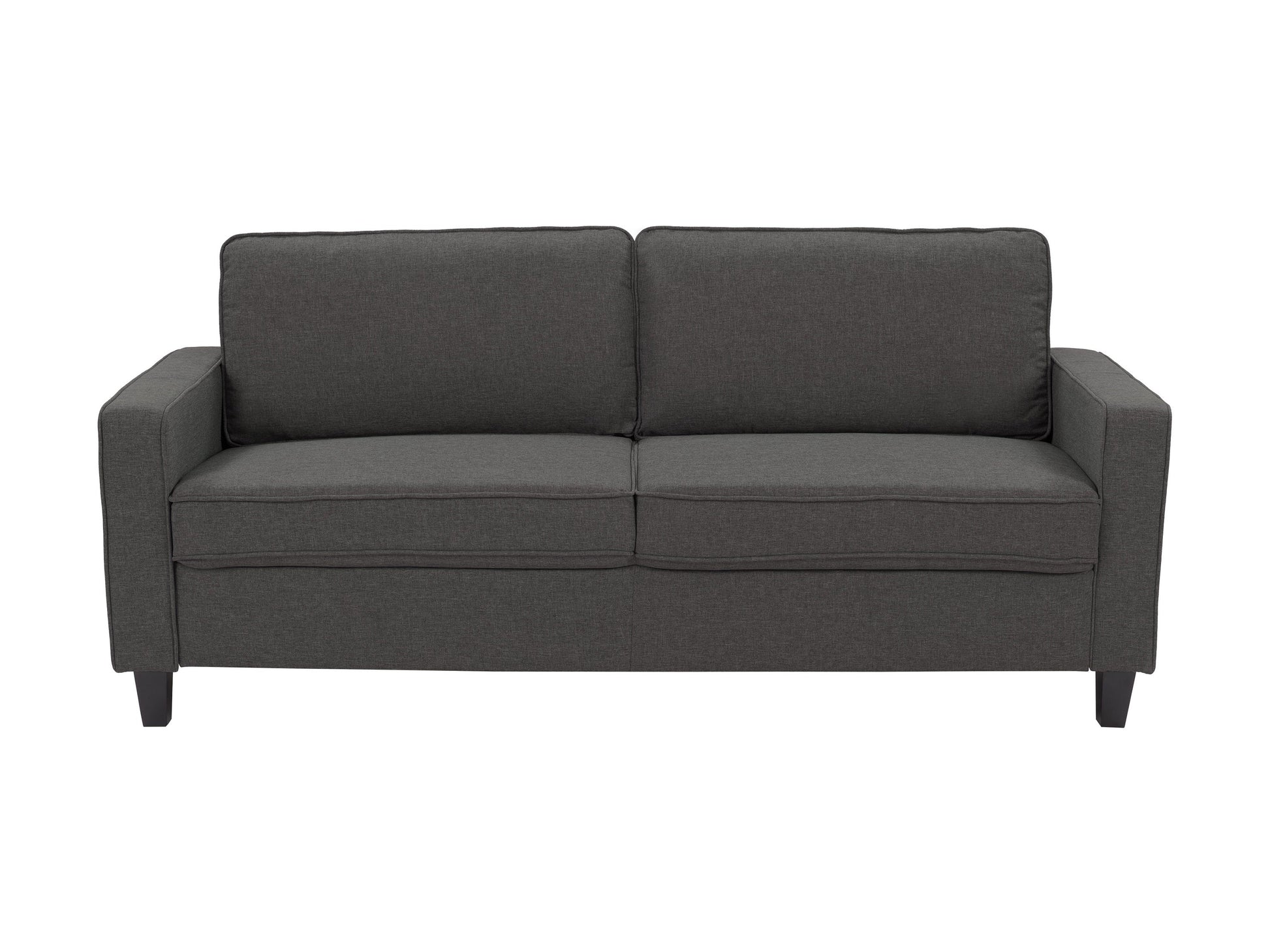 Grey 3-seater fabric sofa with wooden legs, tufted cushions, and modern design.