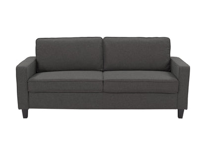 Grey 3-seater fabric sofa with wooden legs, tufted cushions, and modern design.