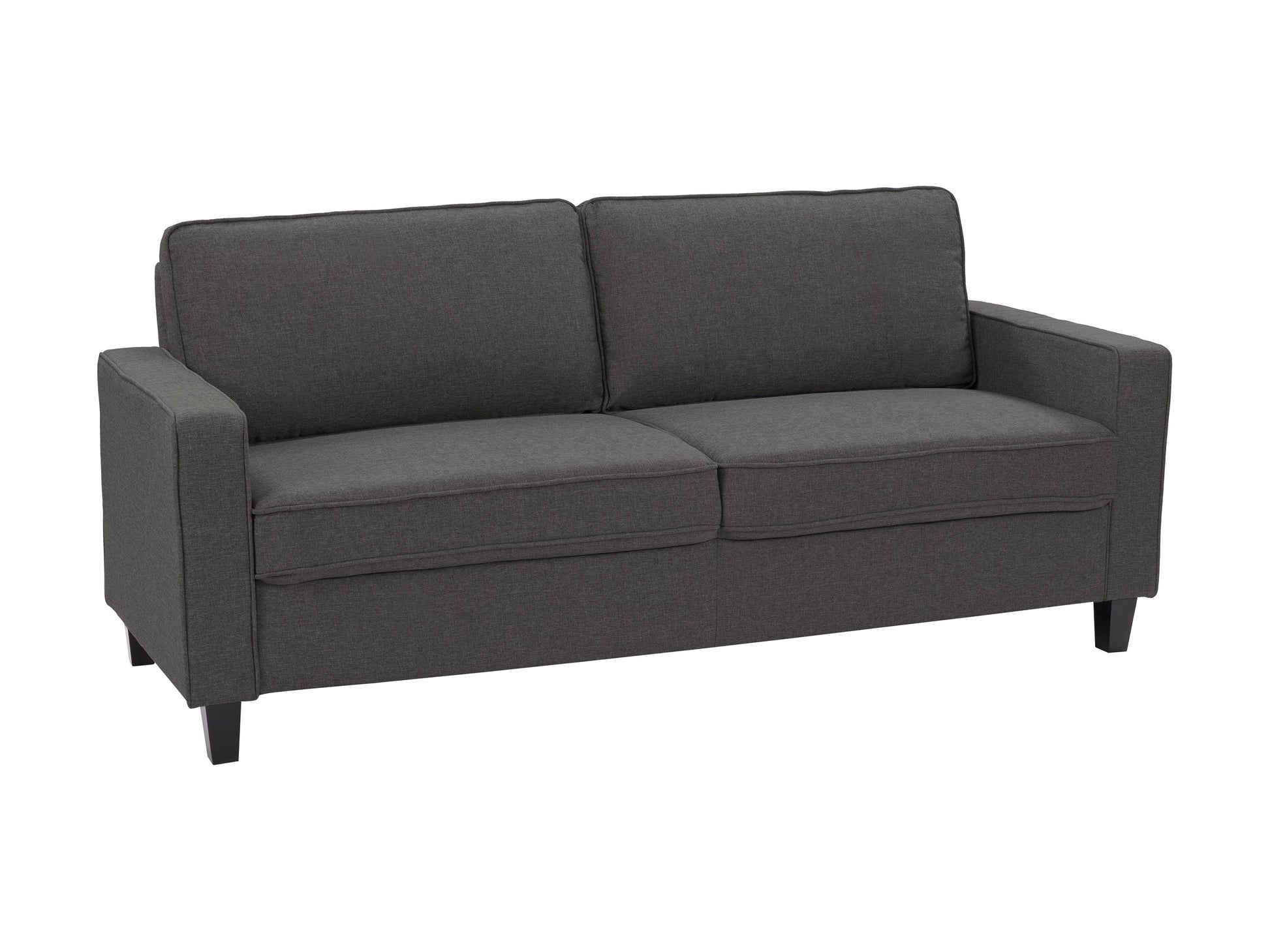 Grey 3-seater sofa with tufted cushions, wooden legs, and modern minimalist design.