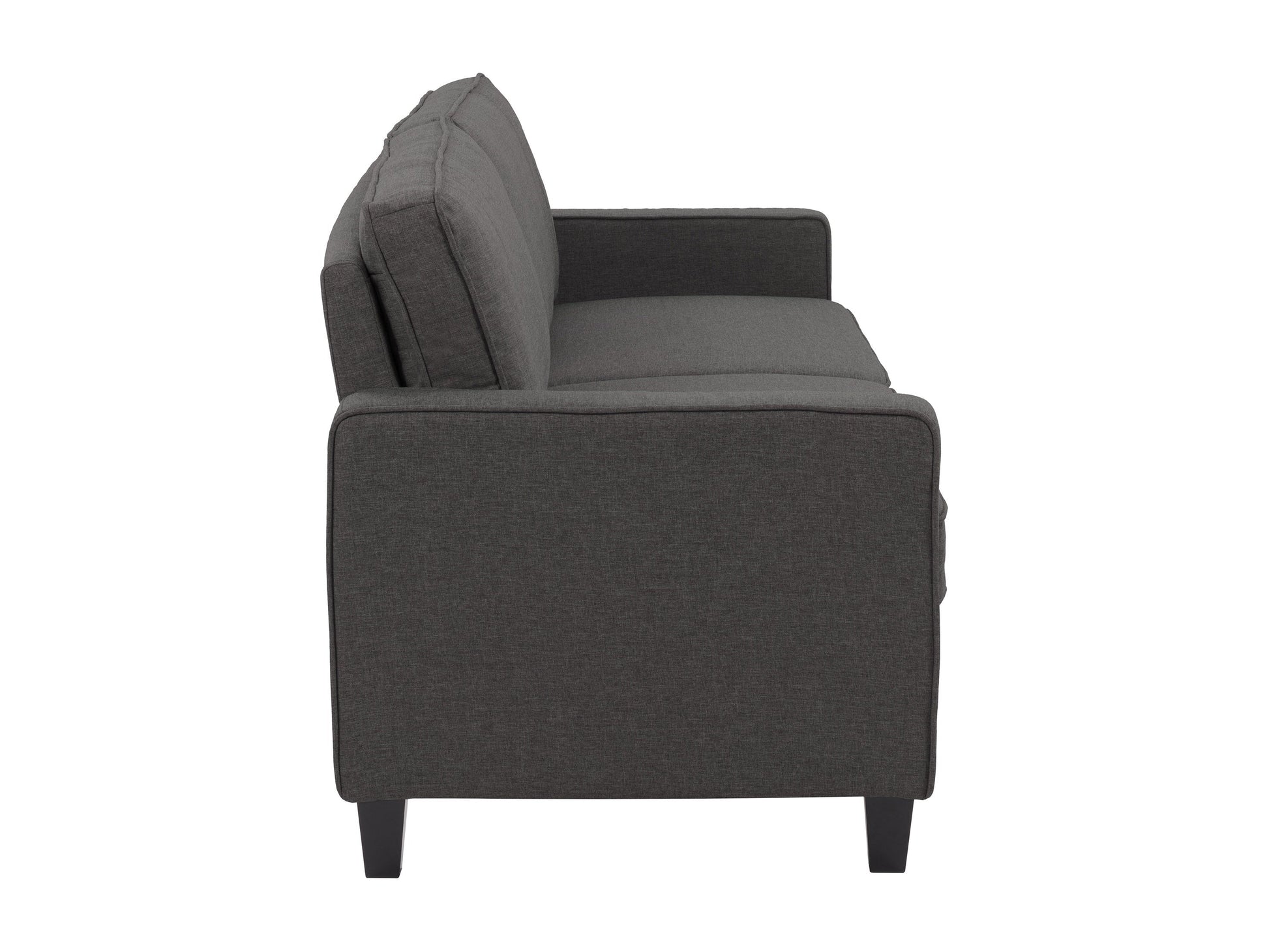 Grey 3 seater sofa with tufted cushions, wooden legs, and modern minimalist design.