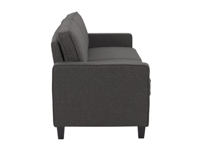 Grey 3 seater sofa with tufted cushions, wooden legs, and modern minimalist design.