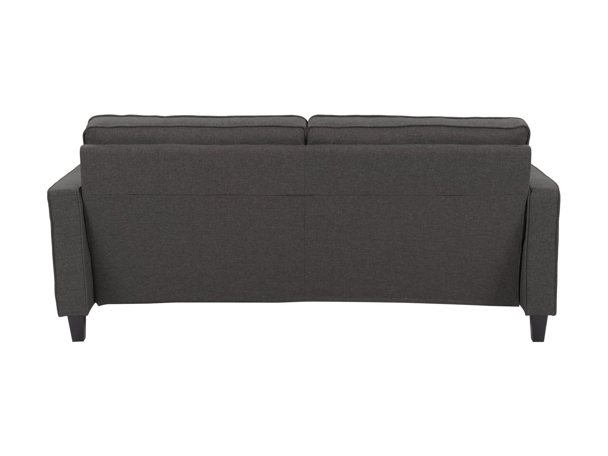 Grey 3-seater sofa with tufted cushions, wooden legs, and minimalist design for modern living rooms.