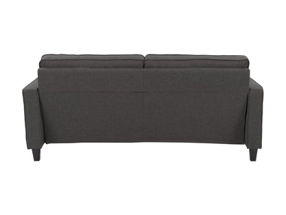 Grey 3-seater sofa with tufted cushions, wooden legs, and minimalist design for modern living rooms.