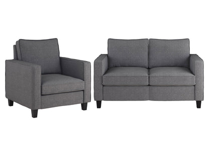 A dark gray armchair and loveseat