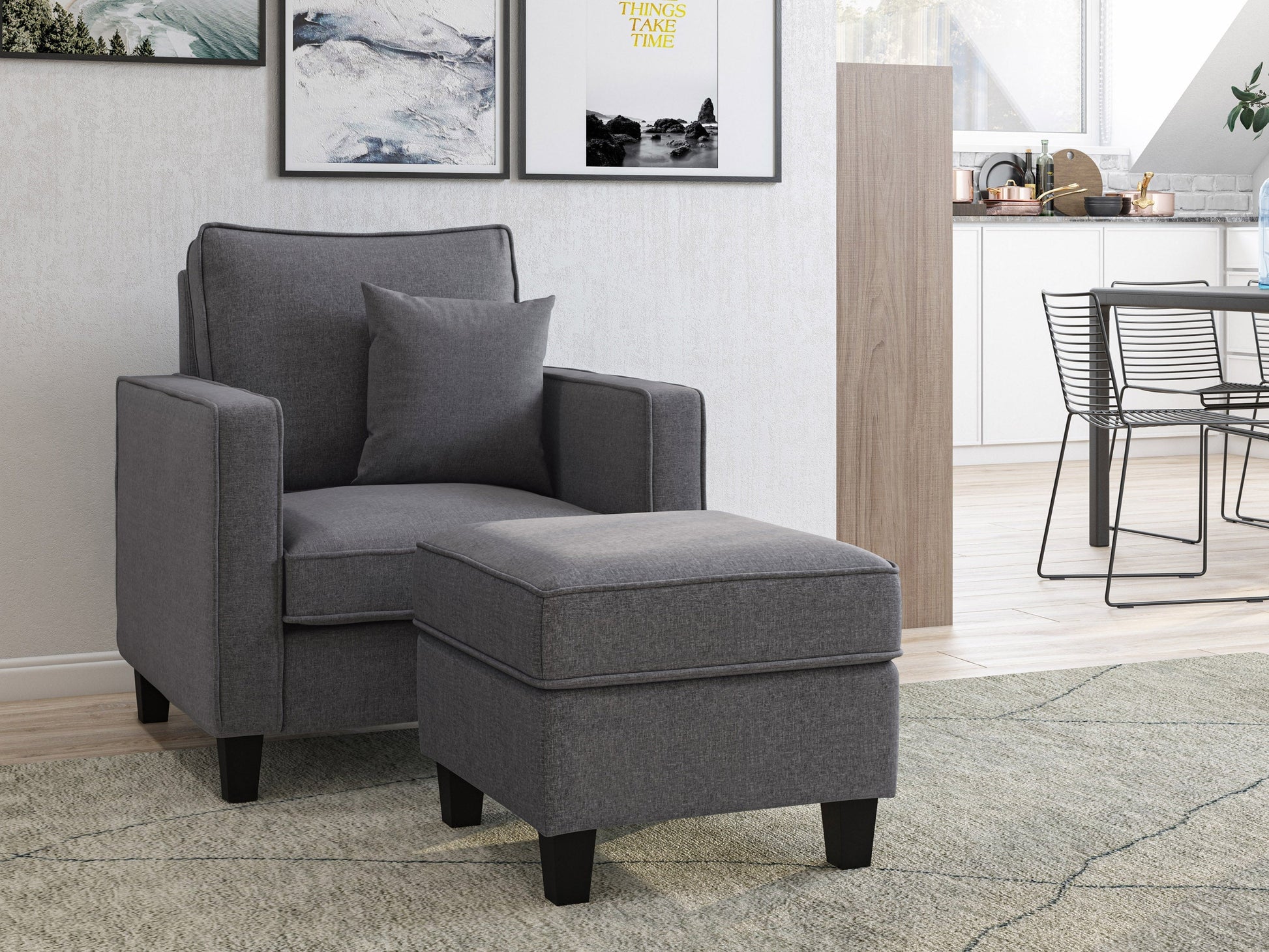 Grey fabric armchair with matching ottoman, wooden legs, and tufted cushions for modern living room decor.