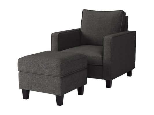 Grey fabric armchair with matching ottoman, wooden legs, and tufted cushions for modern living room decor.
